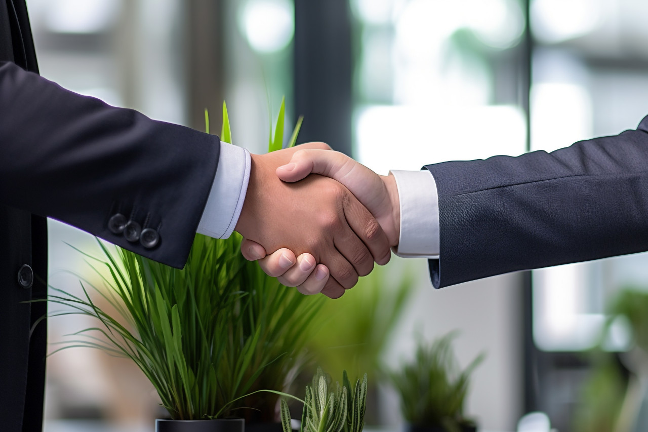 A close up photo of business people shaking hands in an office meeting  representing the concepts of business and partnership