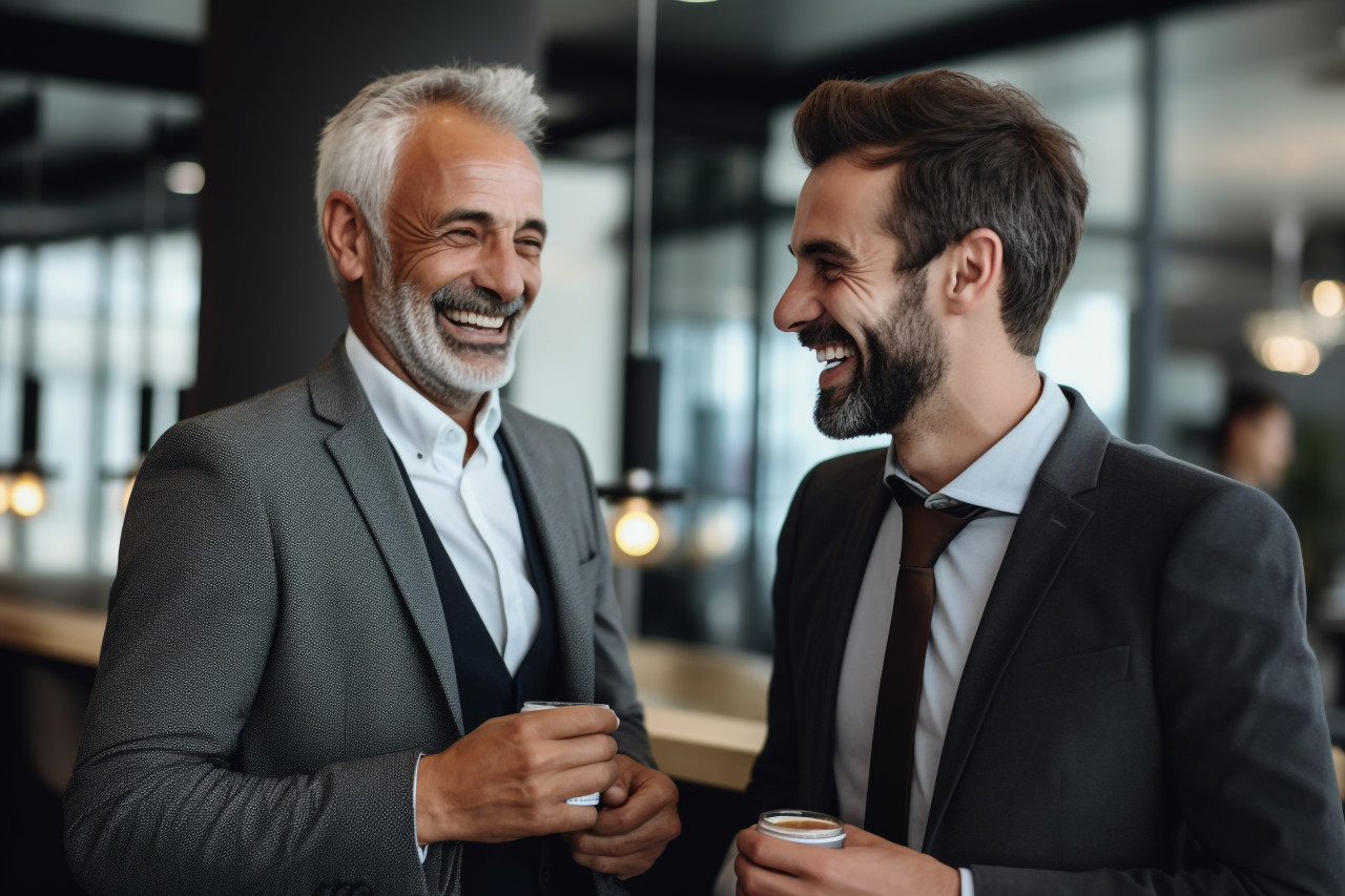 A picture of a happy young man and older man talking nicely about something while looking at a computer tablet together