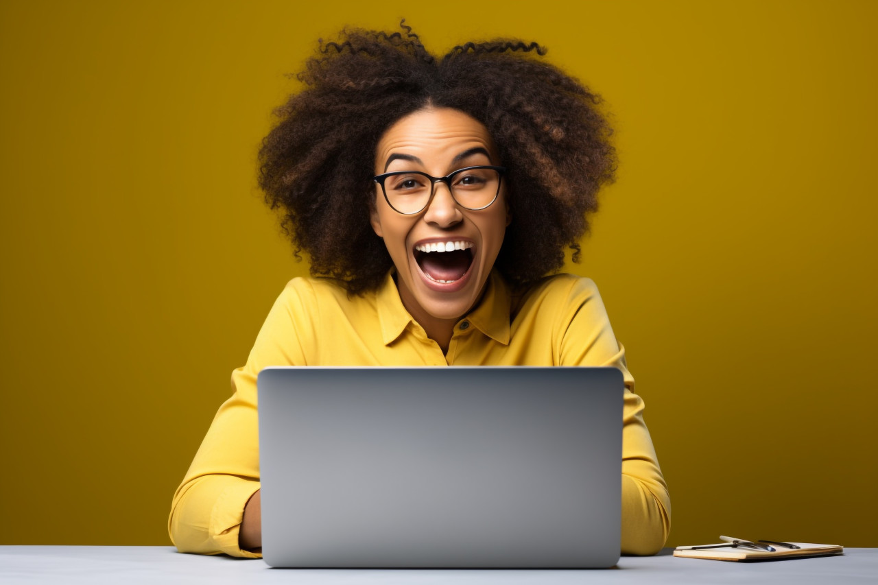 Photo of a young, happy, and successful businesswoman wearing a yellow shirt and using a laptop at a wooden office desk