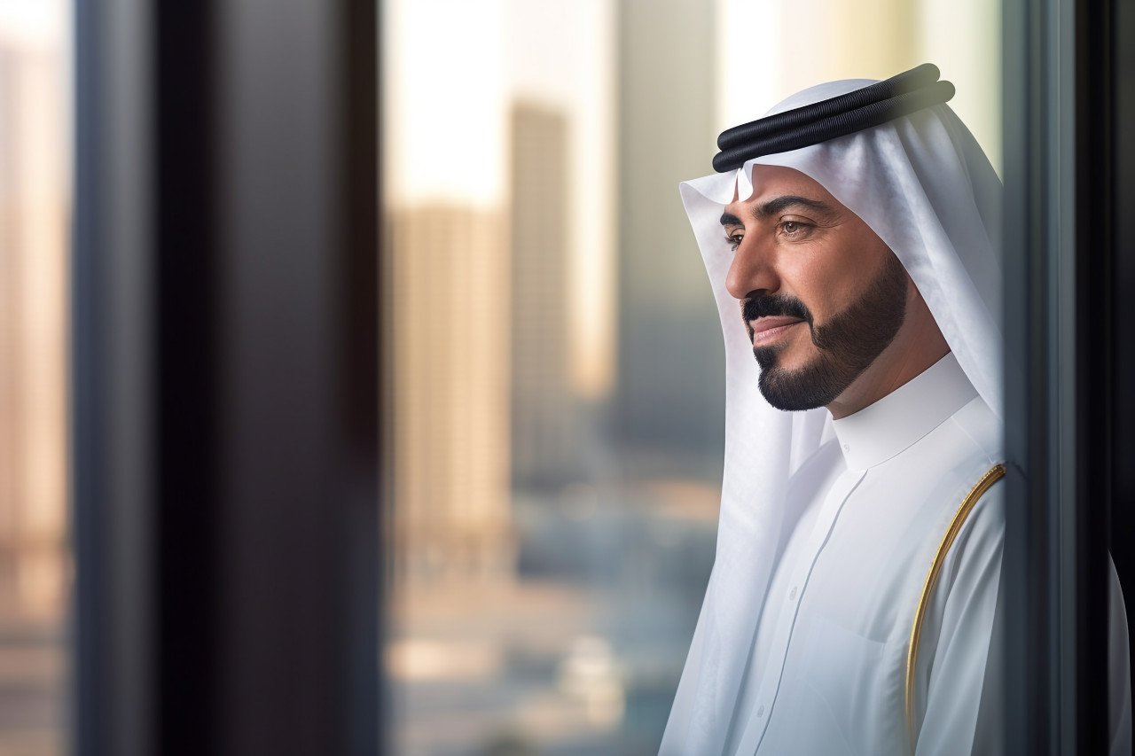 A picture of an arab businessman looking out of the office balcony through a glass window