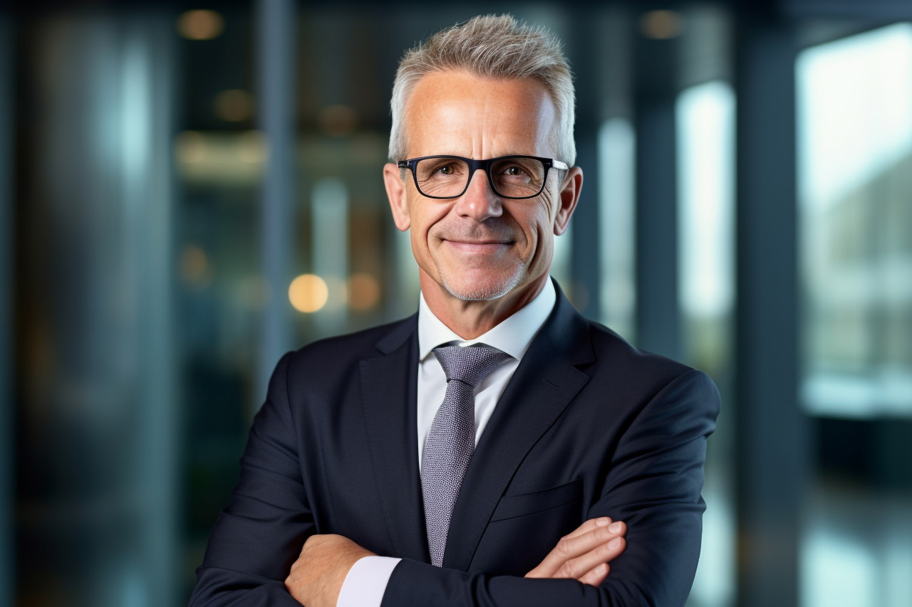 Photo of a successful older businessman in a suit and glasses smiling and looking at the camera with his arms crossed working inside a modern office building