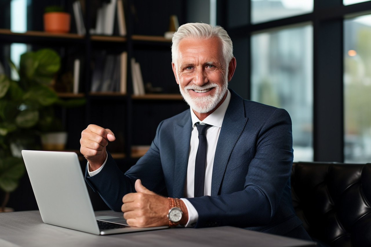 Photo of a mature businessman in a suit working on a laptop in his office he is smiling and showing a thumbs up