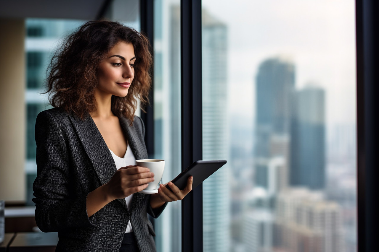 A picture of a good-looking woman drinking coffee and using a tablet while standing at a window in an office building that looks out over the city