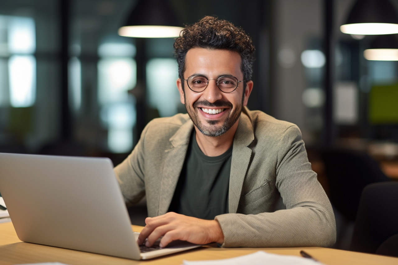 A photo of a young hispanic businessman sitting at his desk with a laptop smiling and looking at the camera he is happy with his achievements