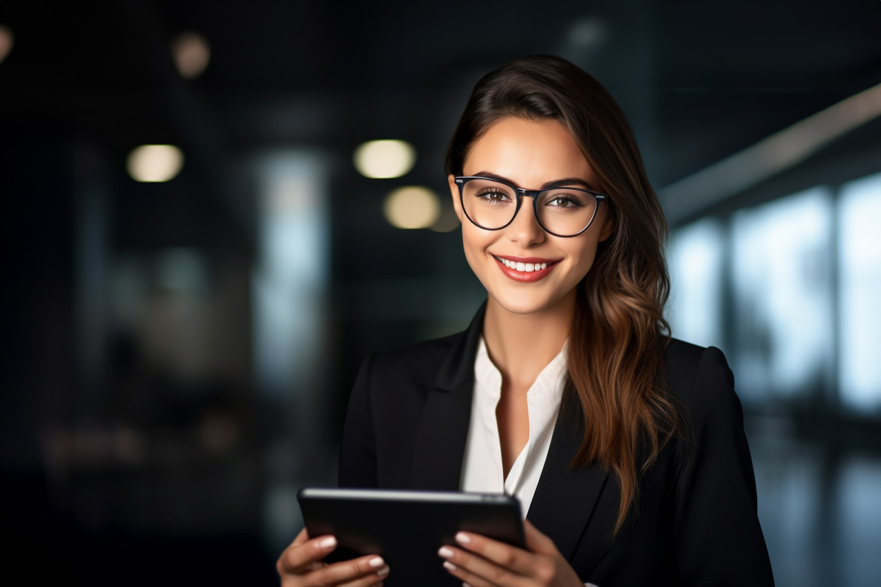 A picture of a happy young woman with glasses in a modern office holding a tablet