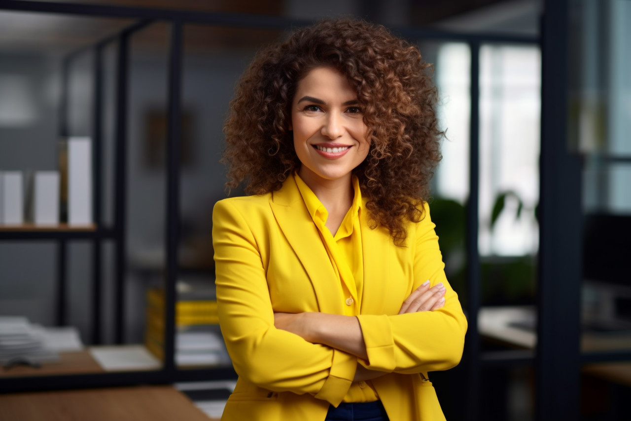 Picture of a successful latin american businesswoman in a yellow suit smiling and looking at the camera she is standing with her arms crossed