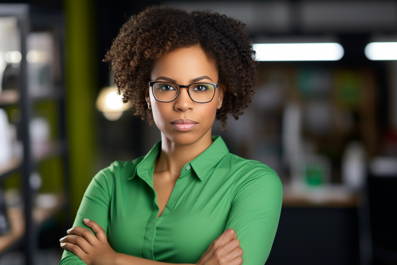 Picture of a young successful african american woman entrepreneur who owns a small business and works in an office she is wearing a green casual shirt and standing confidently with her arms crossed