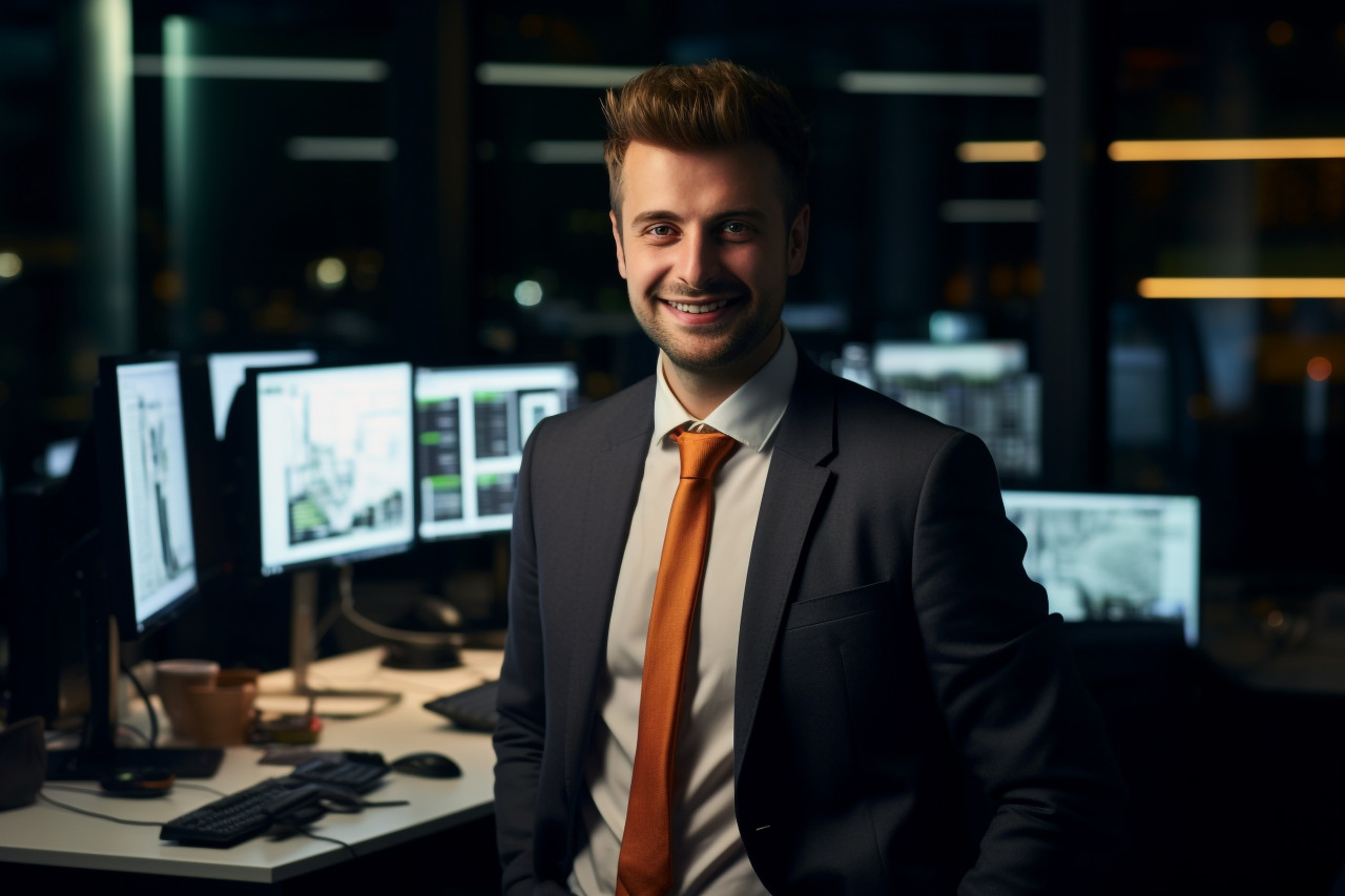 A photo of a young businessman smiling while standing alone in a dark office late at night