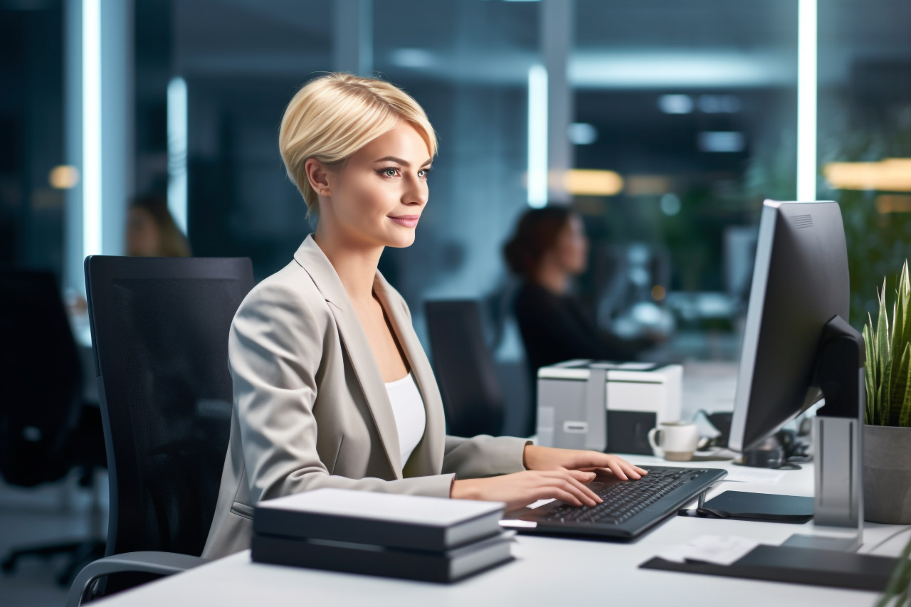 Picture of a pretty young woman with short, blonde hair working on a laptop inside an office she is typing and smiling while writing code for a computer program