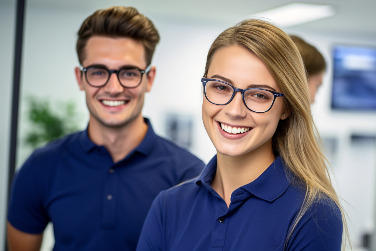 A photo of a smiling young businessman in a blue polo shirt and glasses, posing with his female coworker