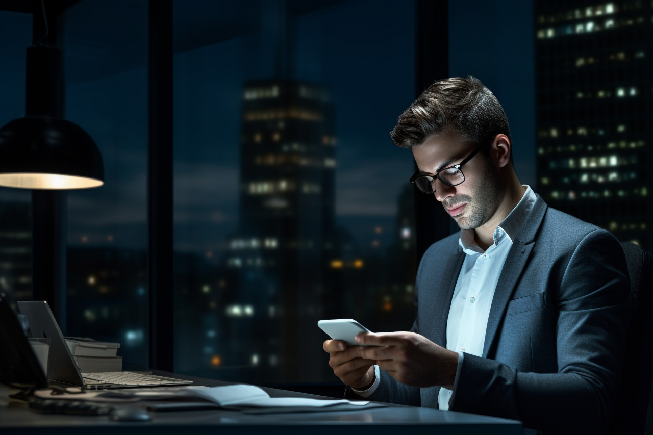 A photo of a businessman reading an email on his phone at night in a dark office