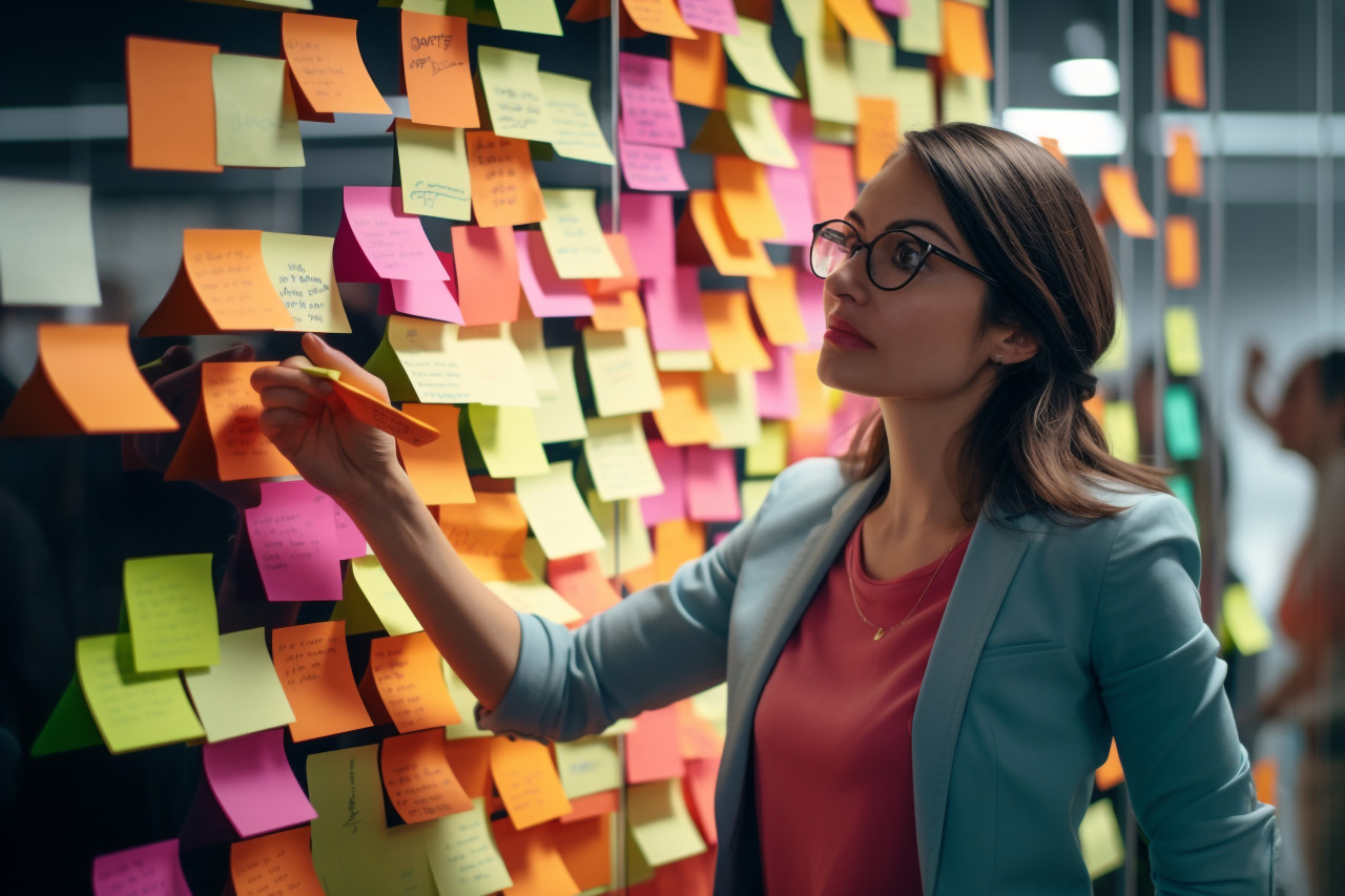 A photo of a woman using sticky notes to come up with new ideas at work