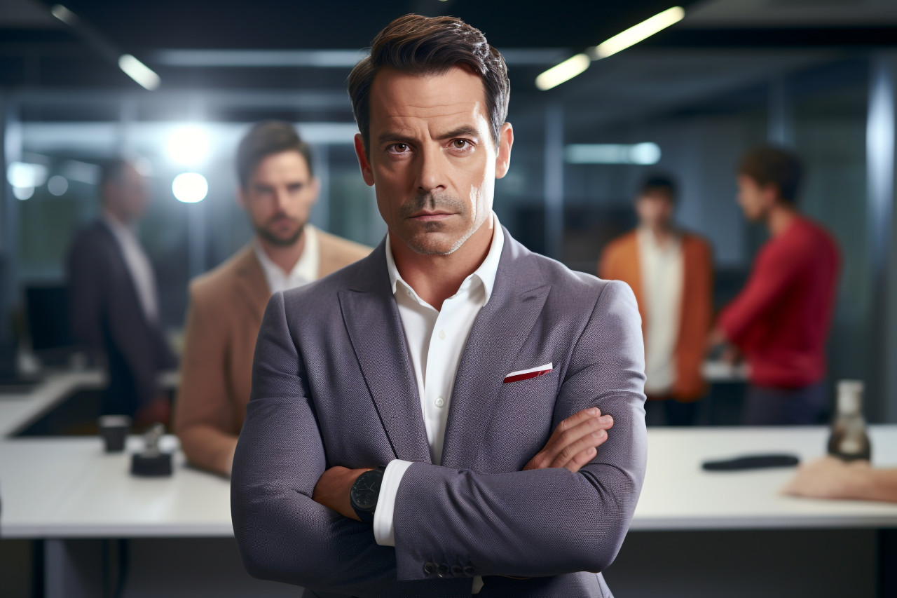 Photo of a hispanic businessman in a modern office looking serious at the camera with his arms crosse