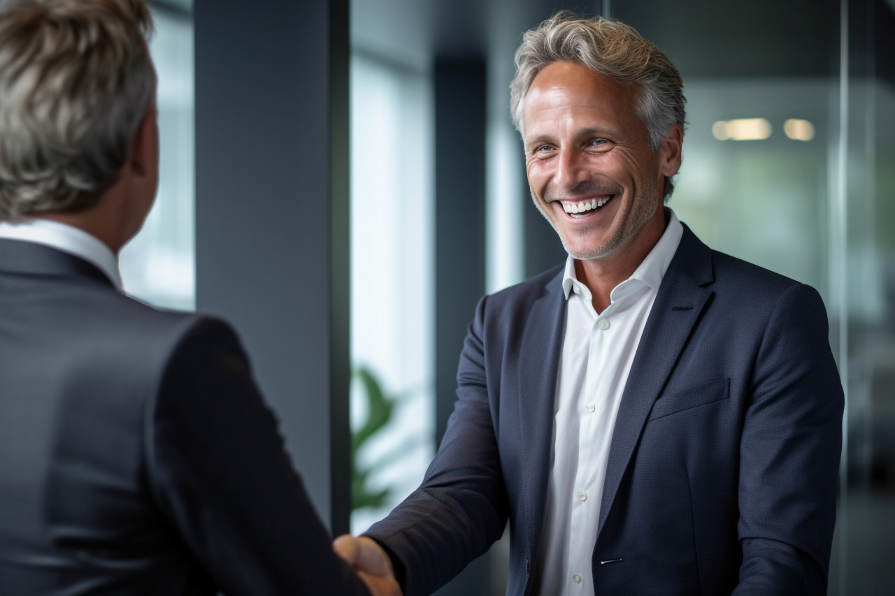 A photo shows a businessman shaking hands with a colleague in an office the businessman is standing and smiling