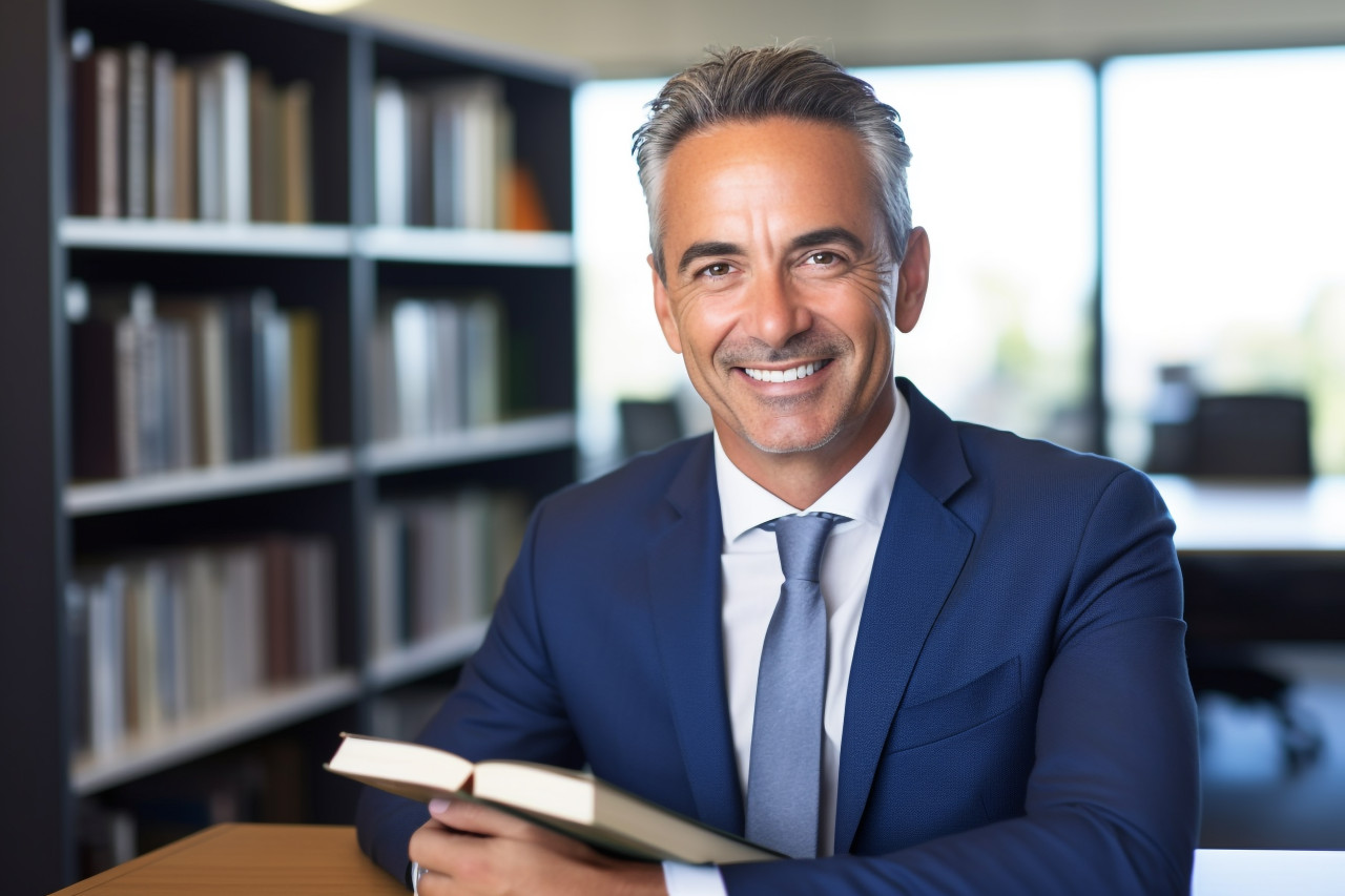 A photo of a handsome businessman in his office holding a book he is a successful and satisfied manager and he is looking at the camera and smiling