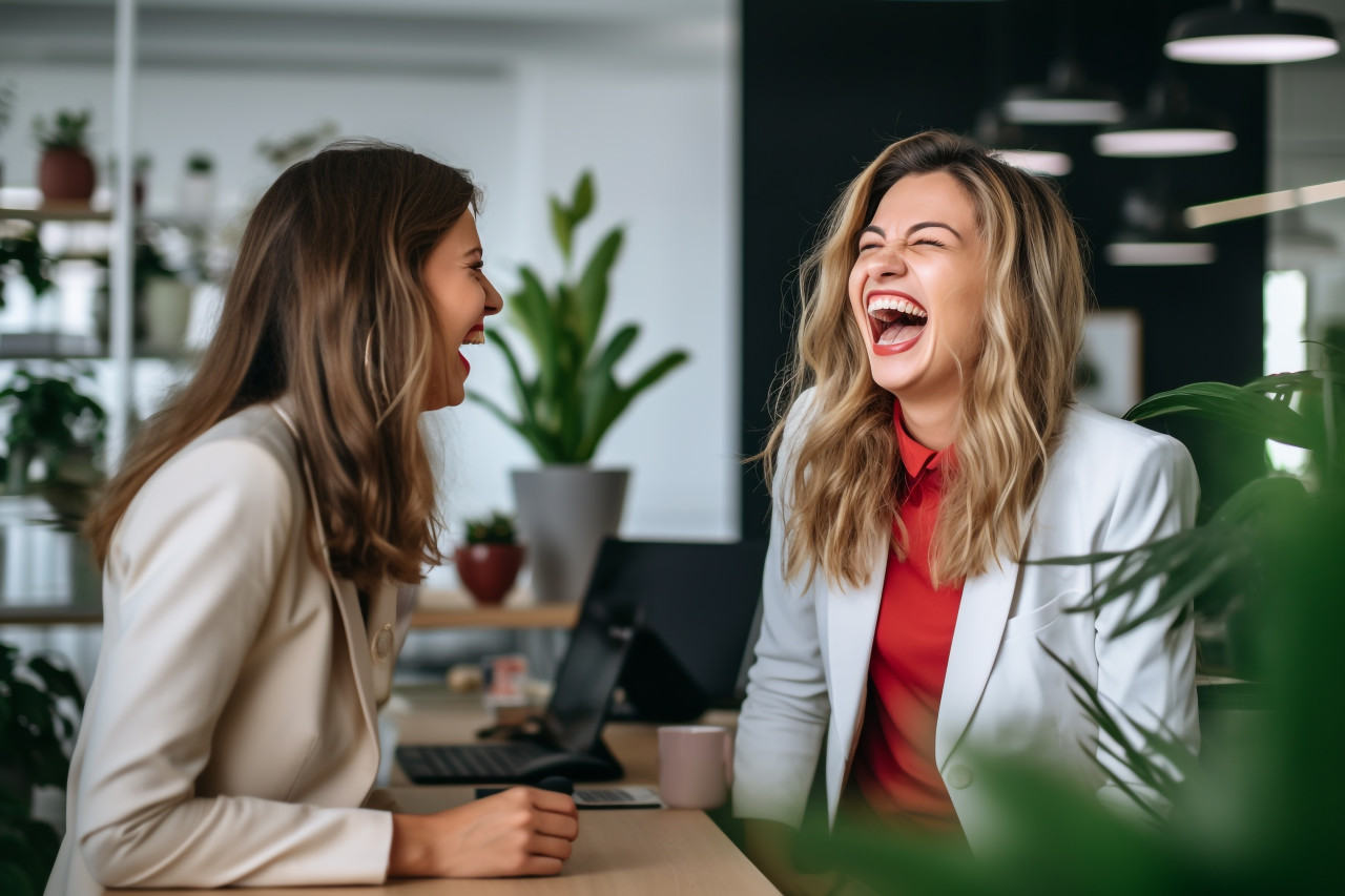 Image of two young women laughing while working at a desk in a bright modern office