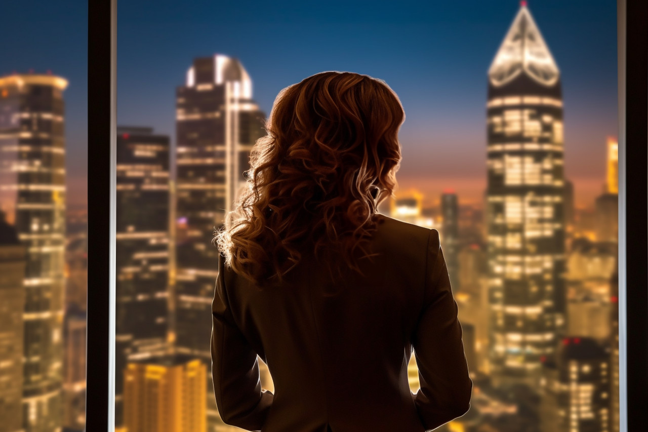 A picture of a businesswoman standing in the dark in an office building and looking at the city skyline