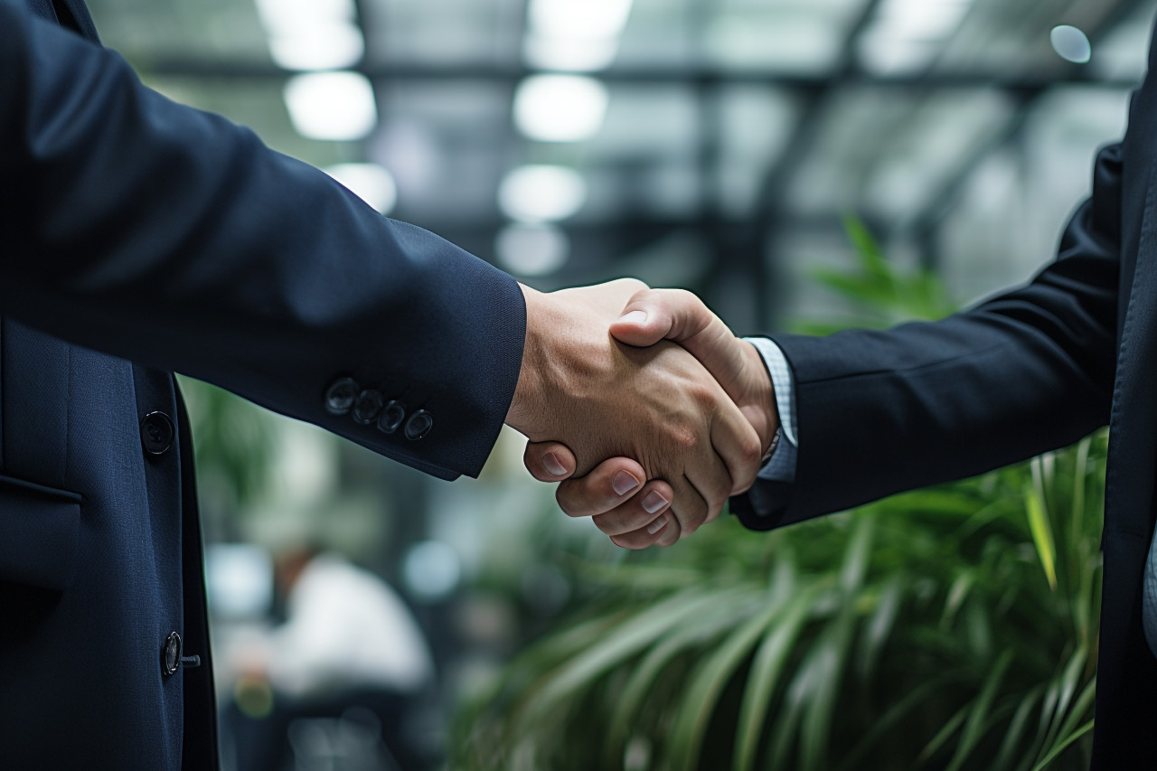A close up photo of business people shaking hands in an office meeting showing the concept of business partnership