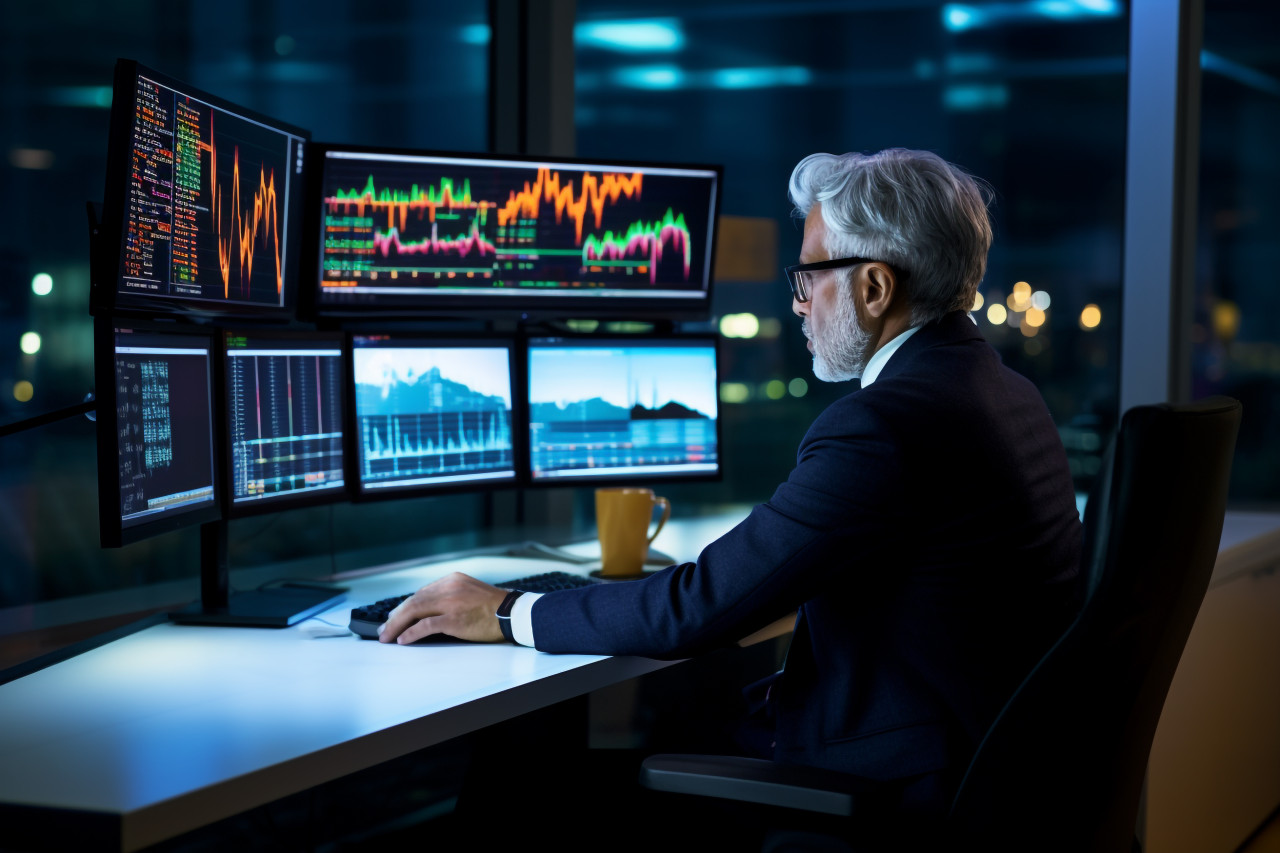 Photo of older businessman working at night in fintech office he is trading investments and thinking about financial concepts his face is in focus