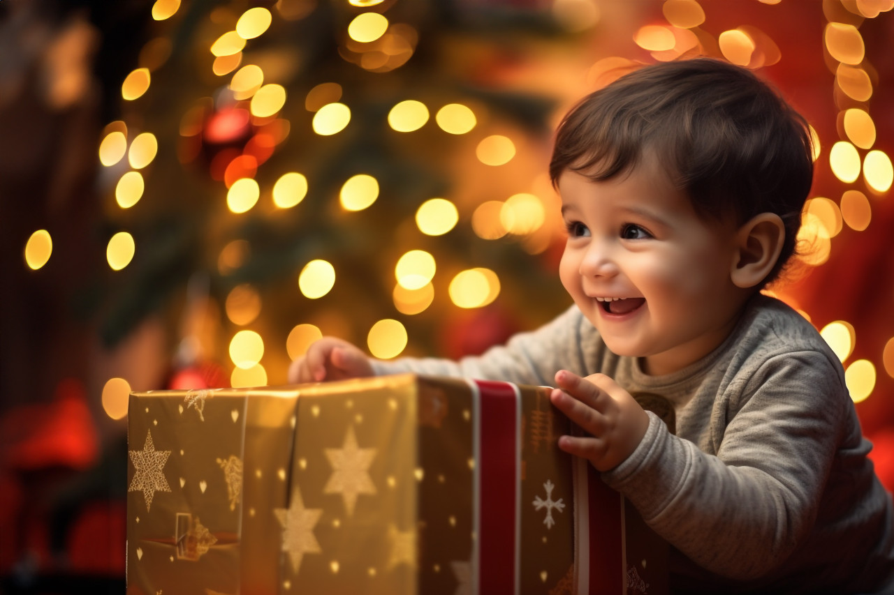A photo of a happy family opening a christmas gift box in front of a christmas tree