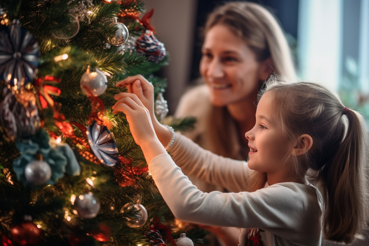 A picture of a mother and her daughter decorating a christmas tree at home during the winter holidays