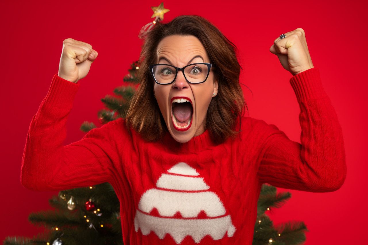 A photo of a crazy and funny couple celebrating victory by raising their fists