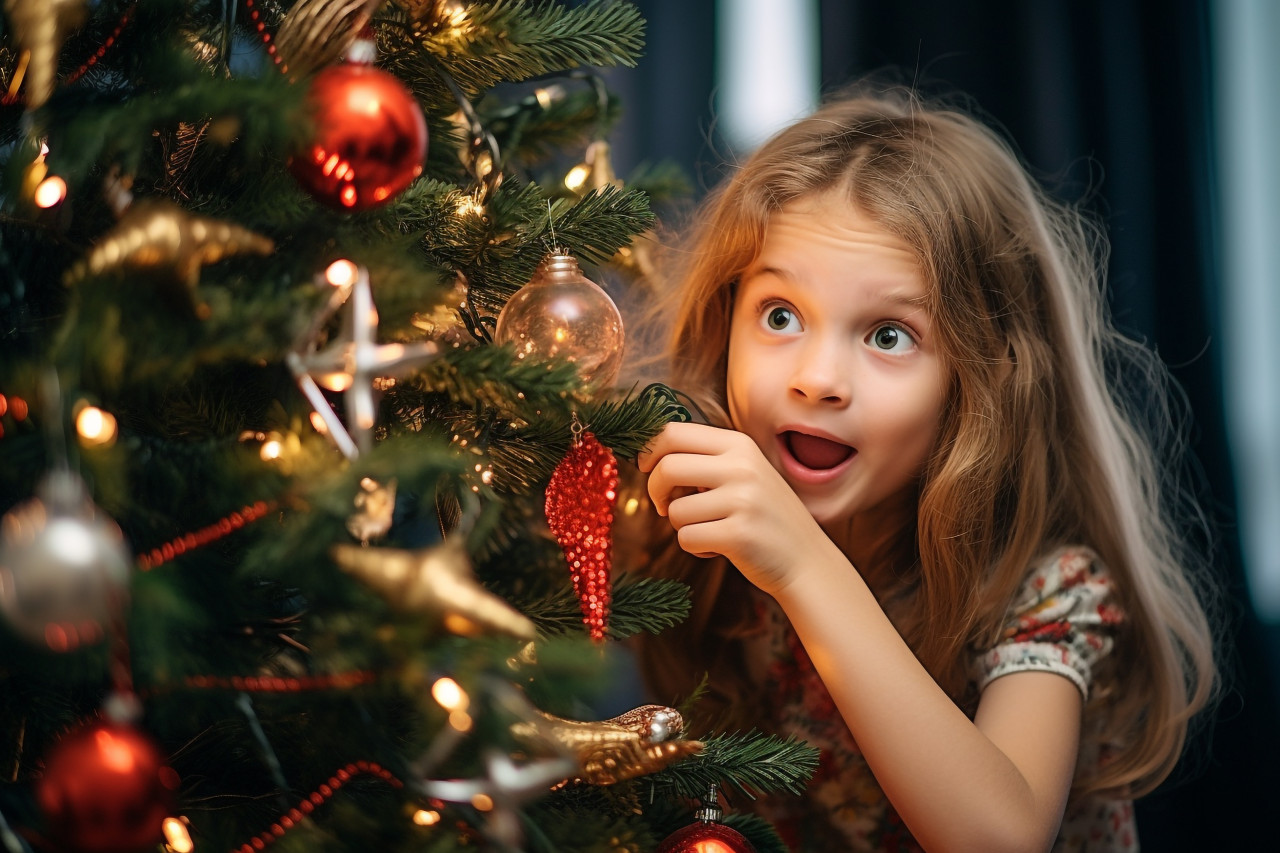 A photo of a daughter decorating the christmas tree inside