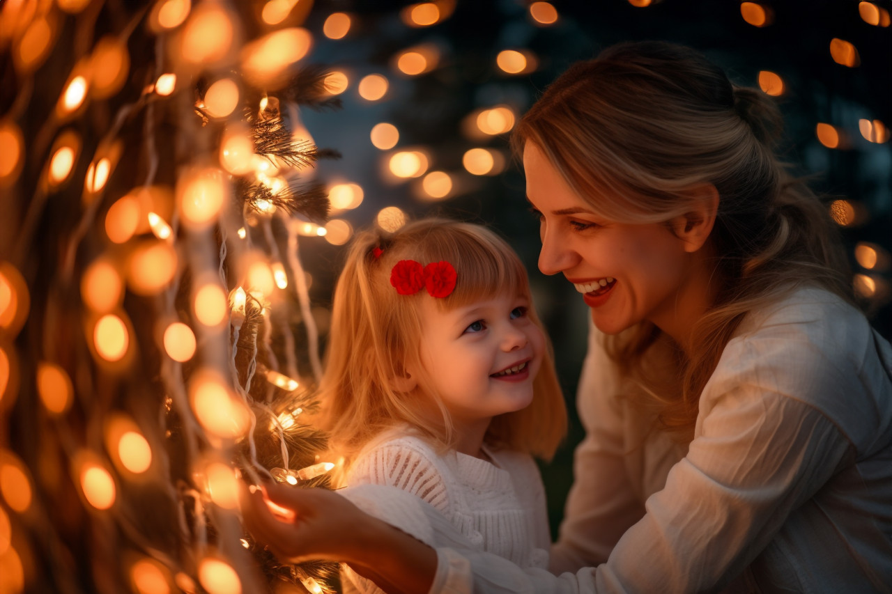 A picture of a happy mother and her daughter celebrating christmas with a glowing garland near a christmas tree