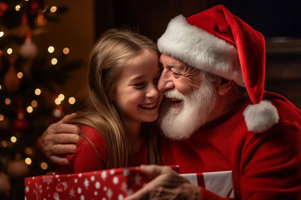 Picture of a joyful old man hugging his granddaughter while getting a present on christmas day at home