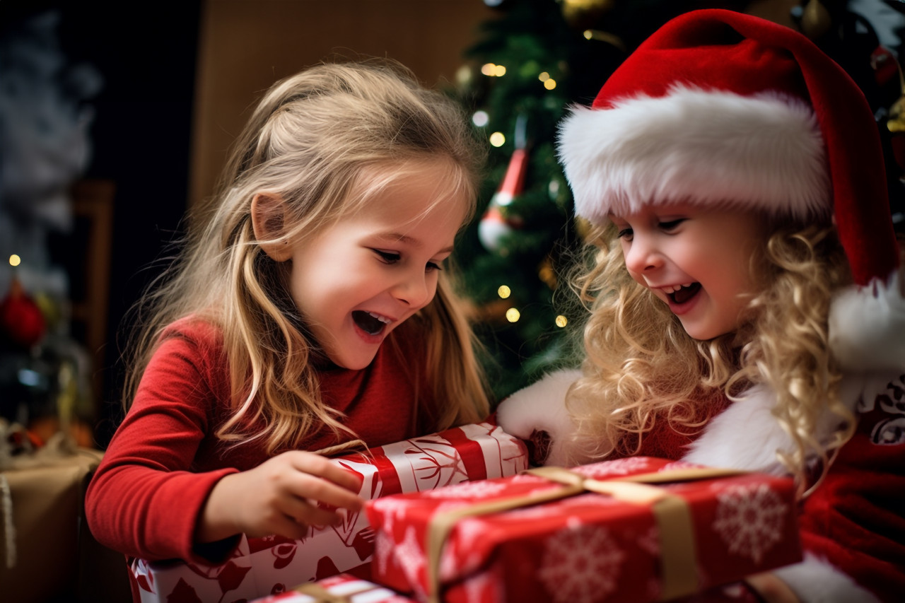 A picture of happy children opening presents on christmas and other holidays