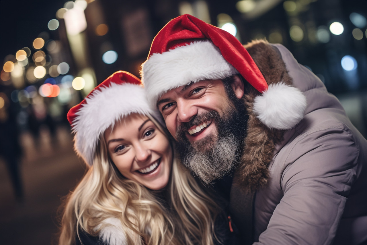 A photo of a happy couple having fun on christmas eve outside
