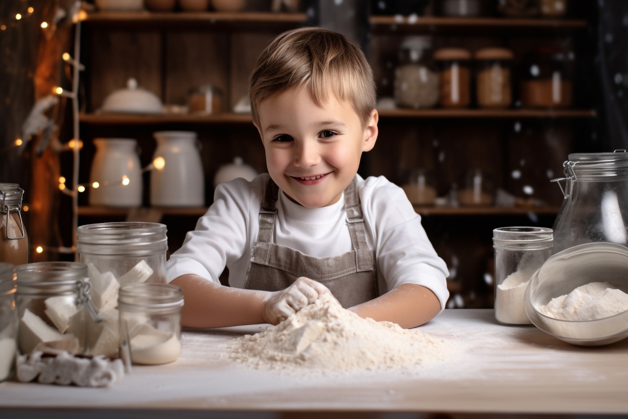 A picture of a cute boy with flour on his face baking christmas cookies
