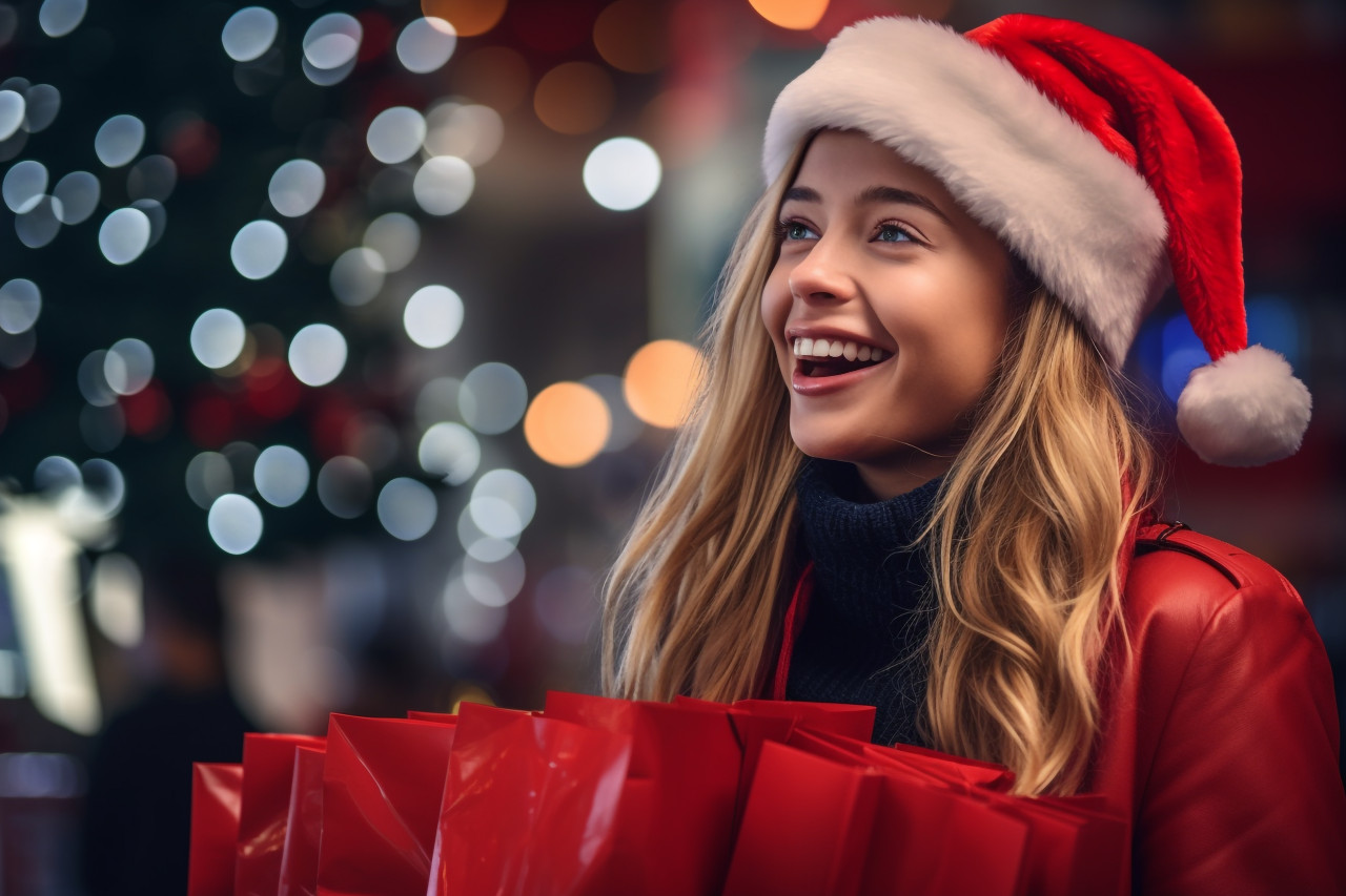 Picture of a smiling young woman shopping for christmas