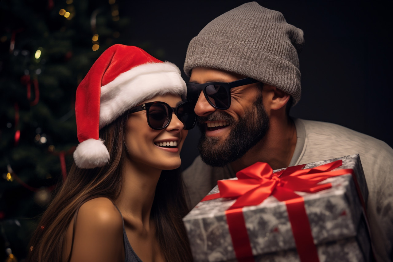A photo of a man covering his girlfriend's eyes while he gives her a romantic christmas surprise gift