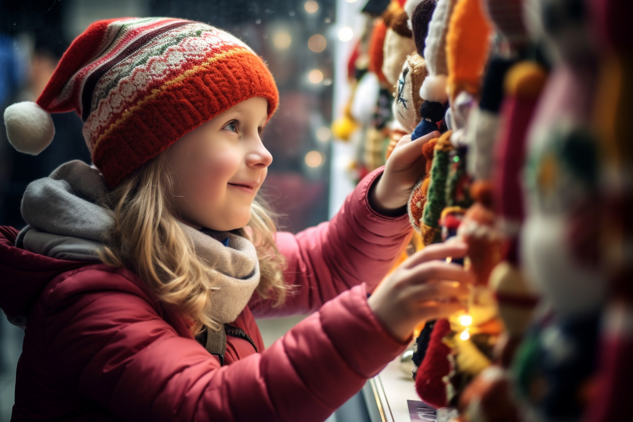 Children window shopping at a christmas market in germany on a snowy day