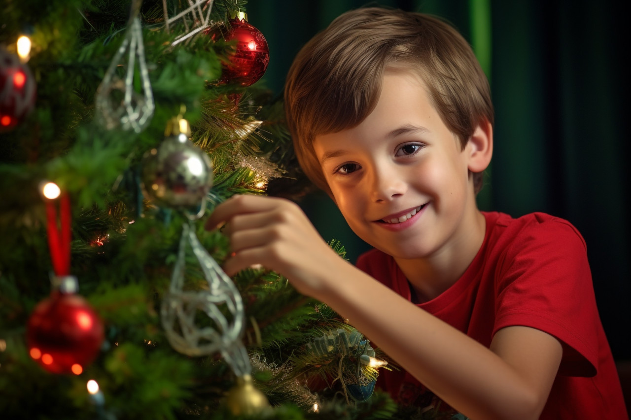 Photo of a happy boy in a santa hat decorating a christmas tree