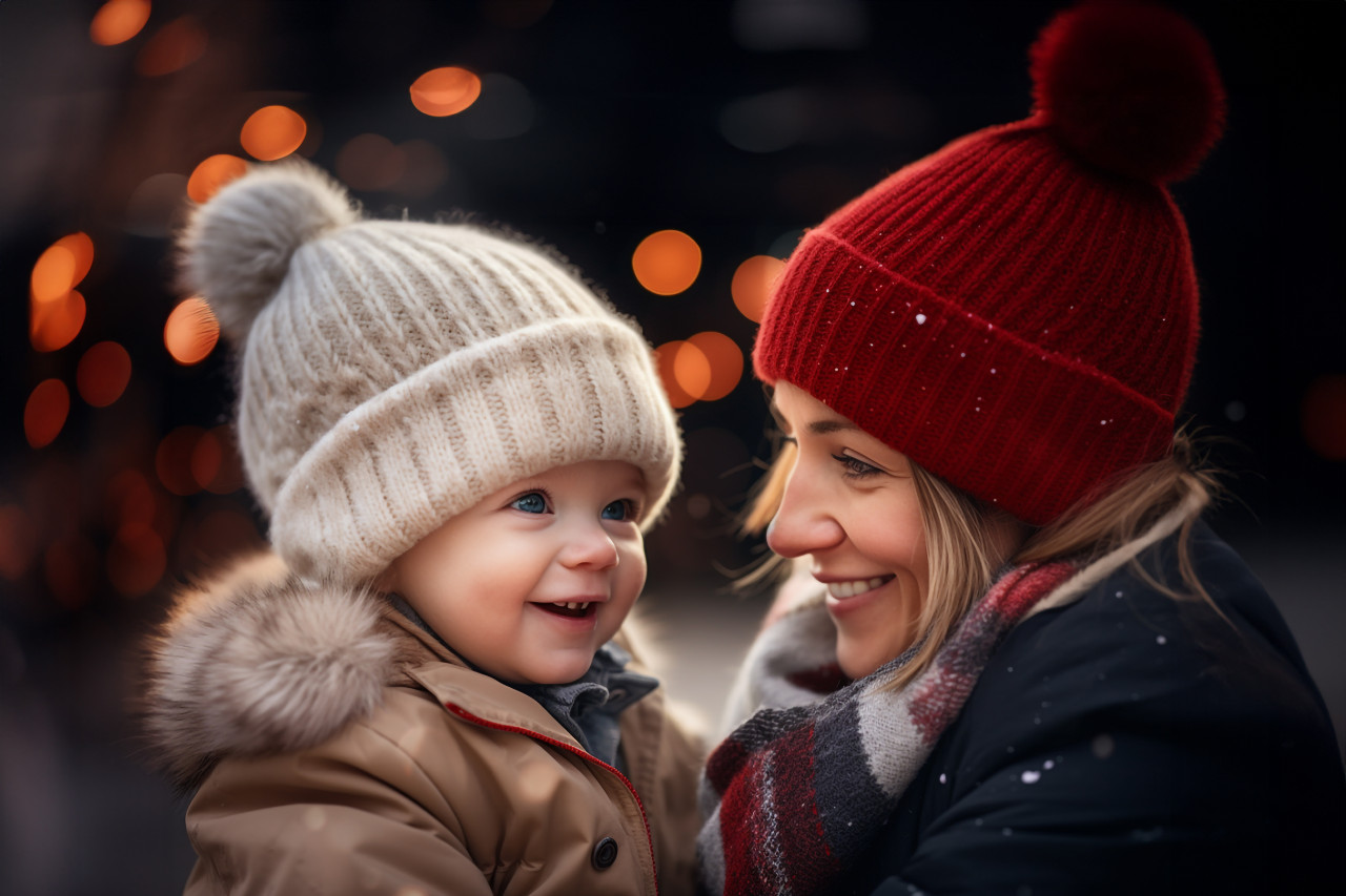 A picture of a happy family with a mother, a baby, and a young child playing in the snow during the winter holidays