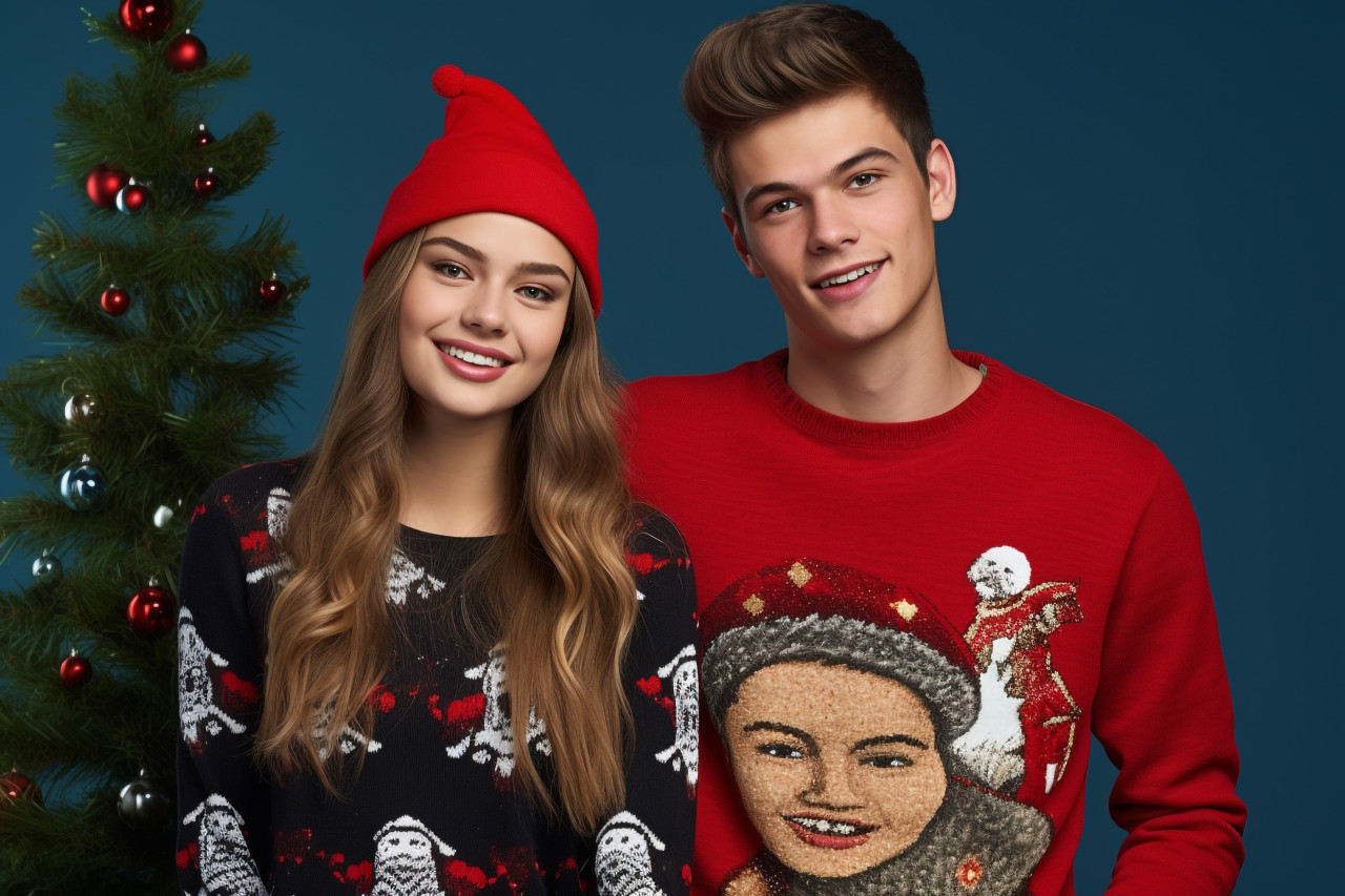 A photo of two young people in fashionable christmas clothes on a colored background
