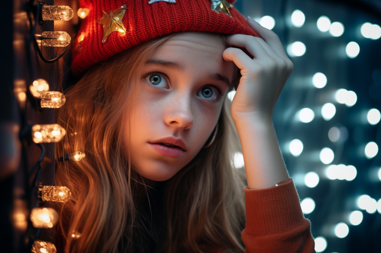 A photo of two young people in fashionable christmas clothes standing in front of a colored background