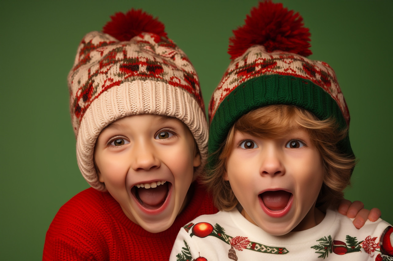 A photo of two funny kids, a boy and a girl, wearing santa hats and jumpers, isolated on a beige background