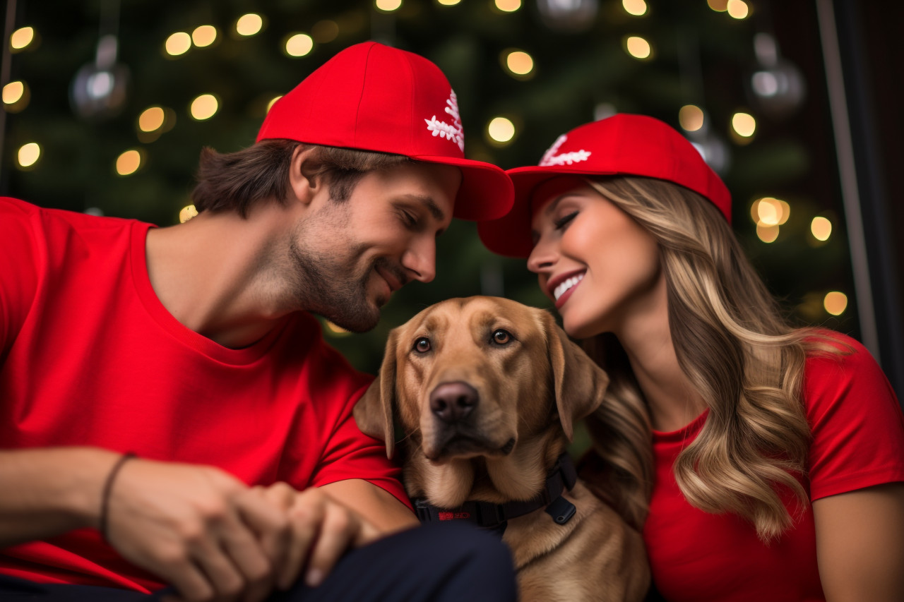 A photo of a happy couple with their labrador retriever dog sitting near a beautiful christmas tree at home