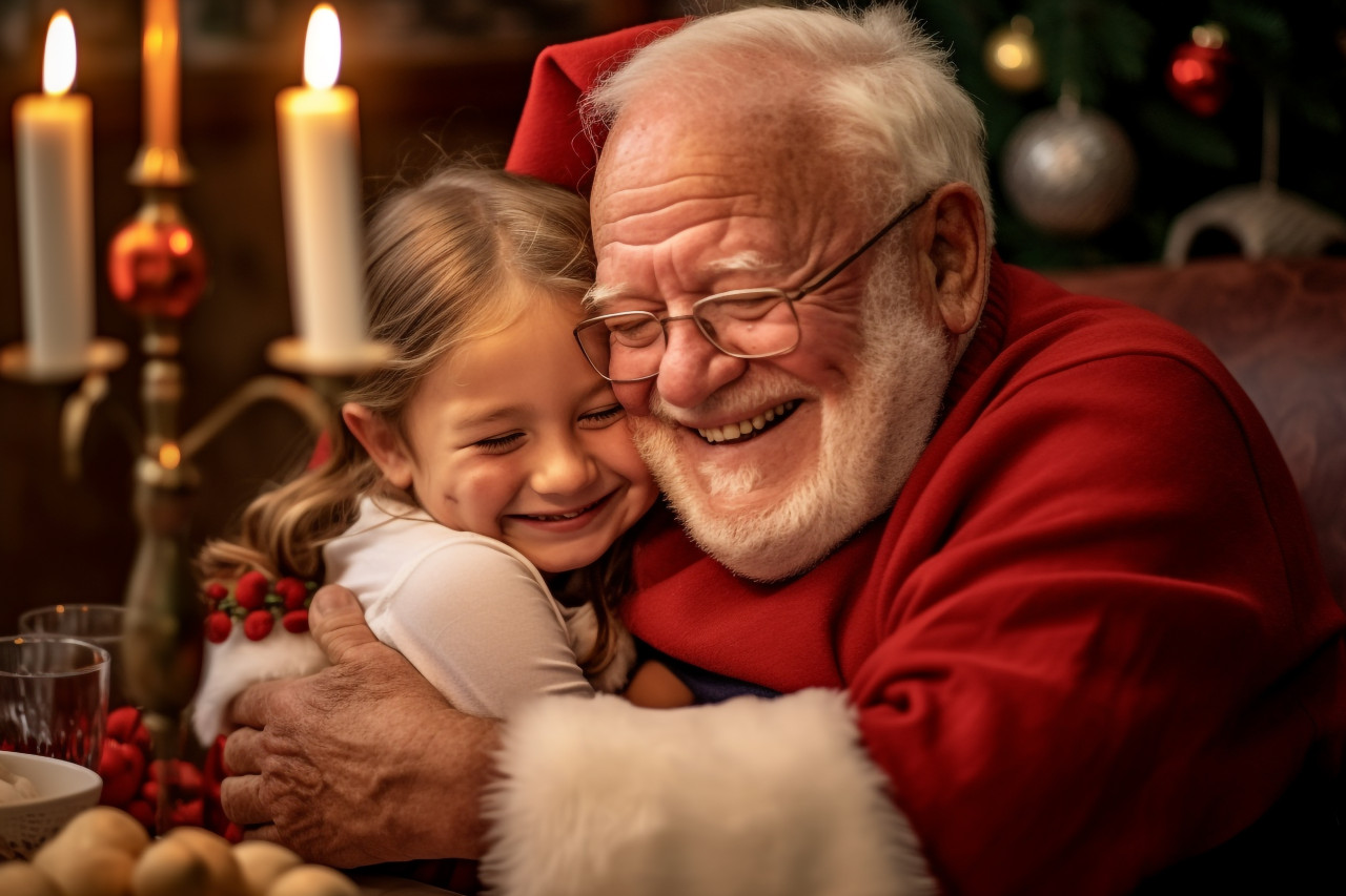 Photo of a happy little girl hugging her grandfather at christmas dinner. she is thanking him for her christmas present