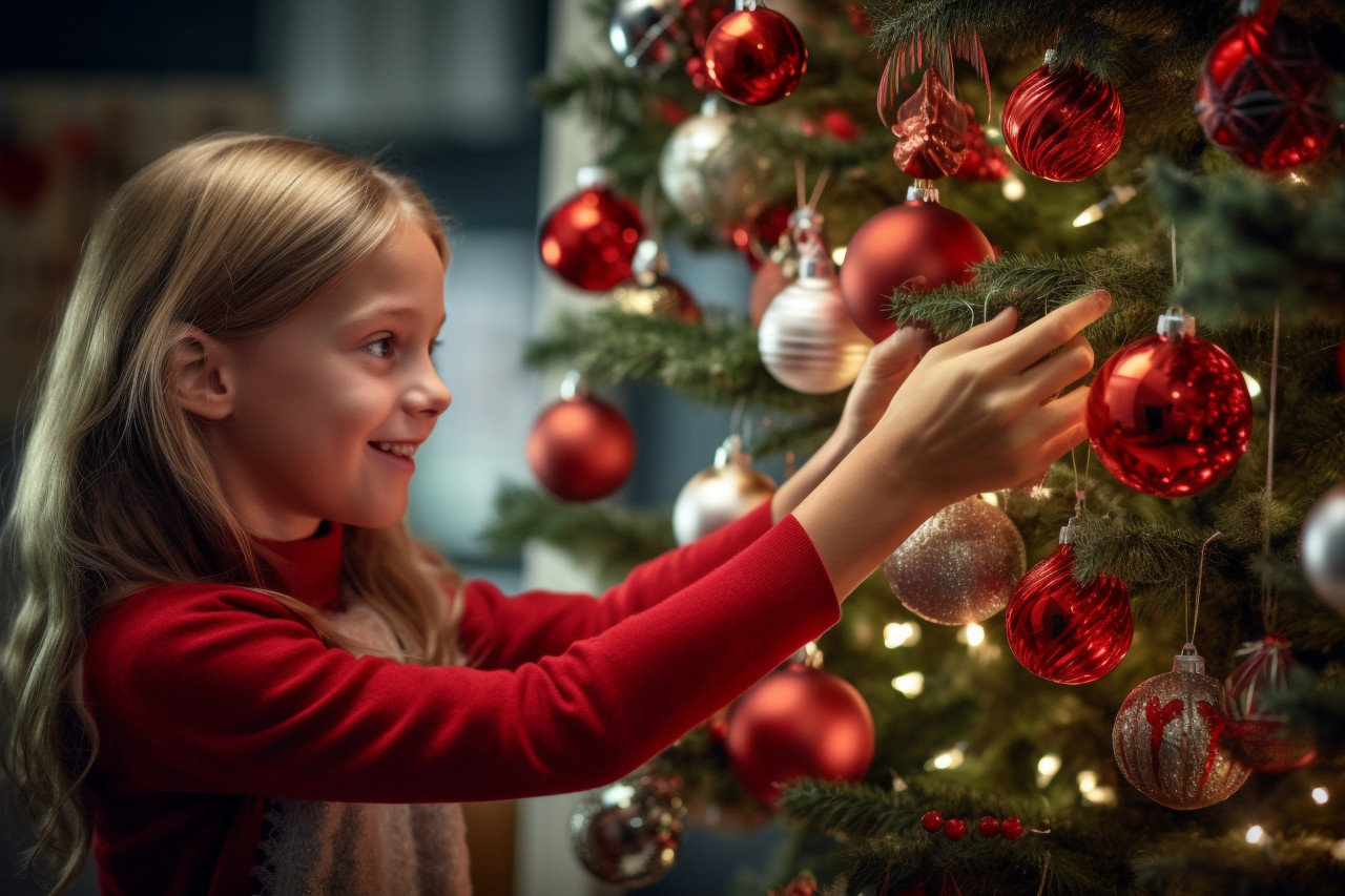A picture of a little girl helping her mom decorate the christmas tree