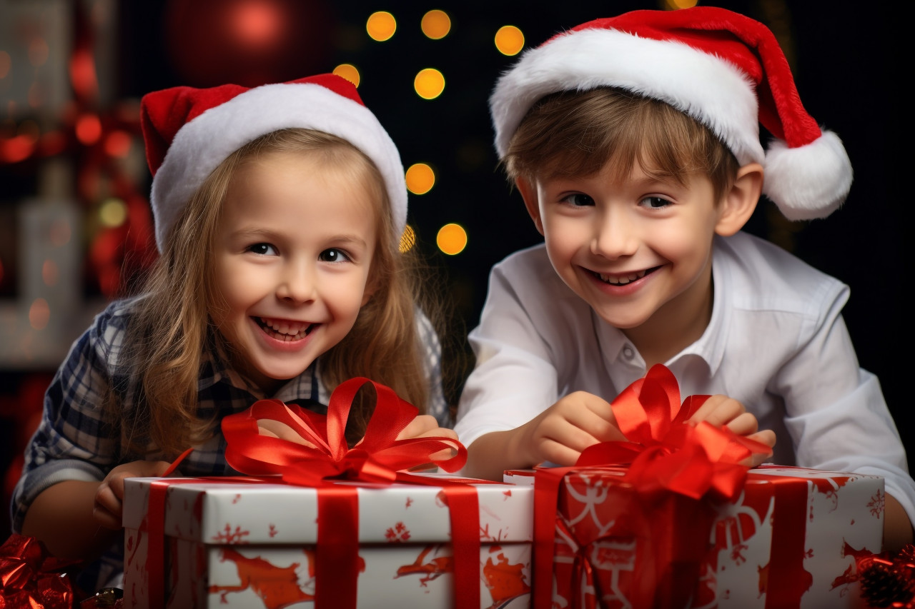 A photo of two happy children, a boy and a girl, dressed as santa's elf helpers, holding christmas presents