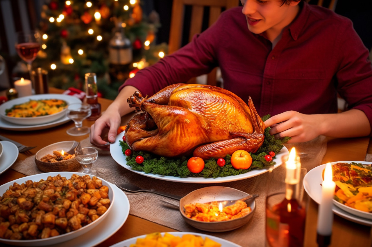 A photo of a young man placing a dish of roasted turkey on a holiday dinner table for a christmas family party