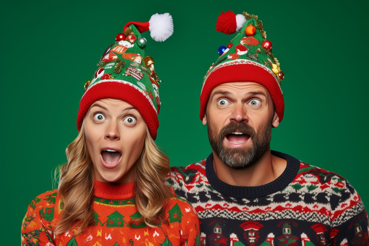 A picture of a young man and woman wearing christmas sweaters and knitted hats on a colored background