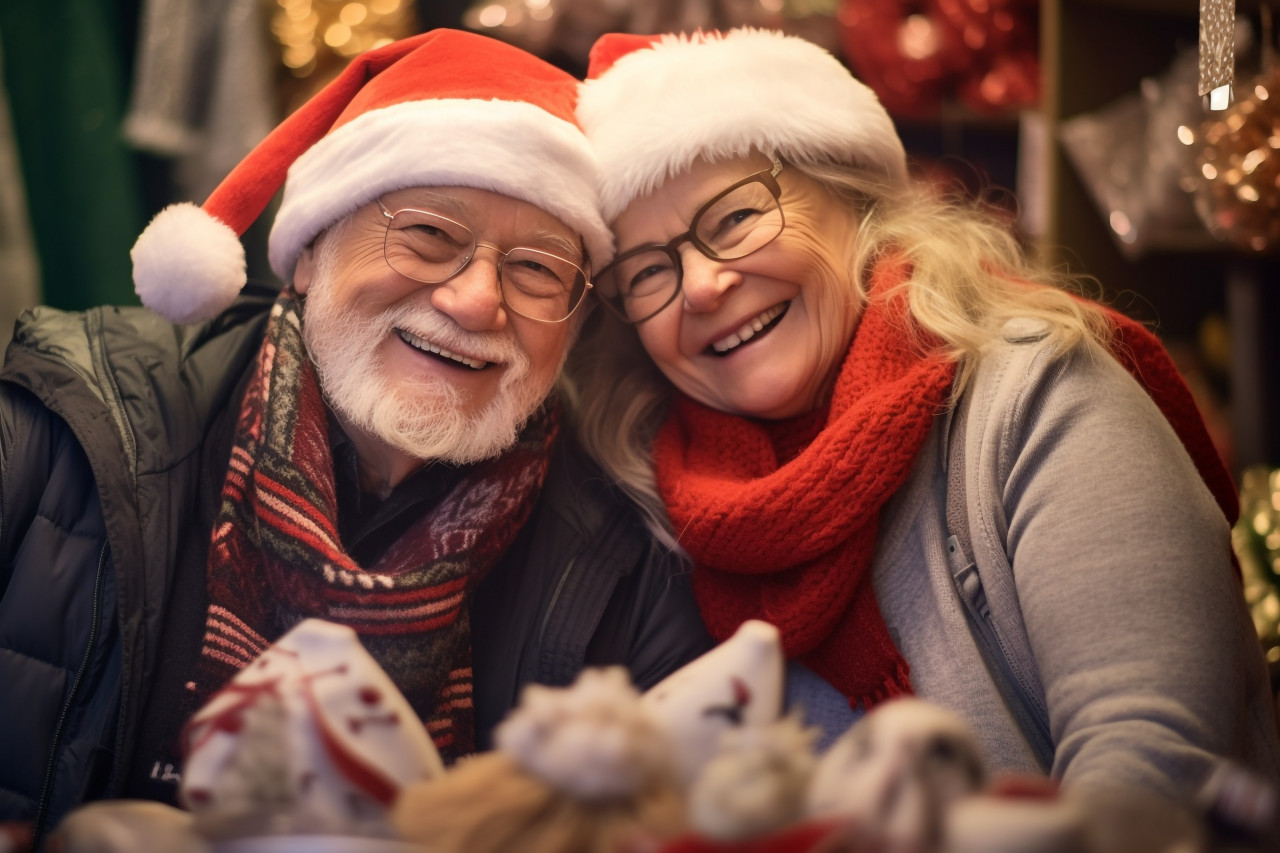 A photo of a happy older couple shopping at a christmas market souvenir shop in tallinn