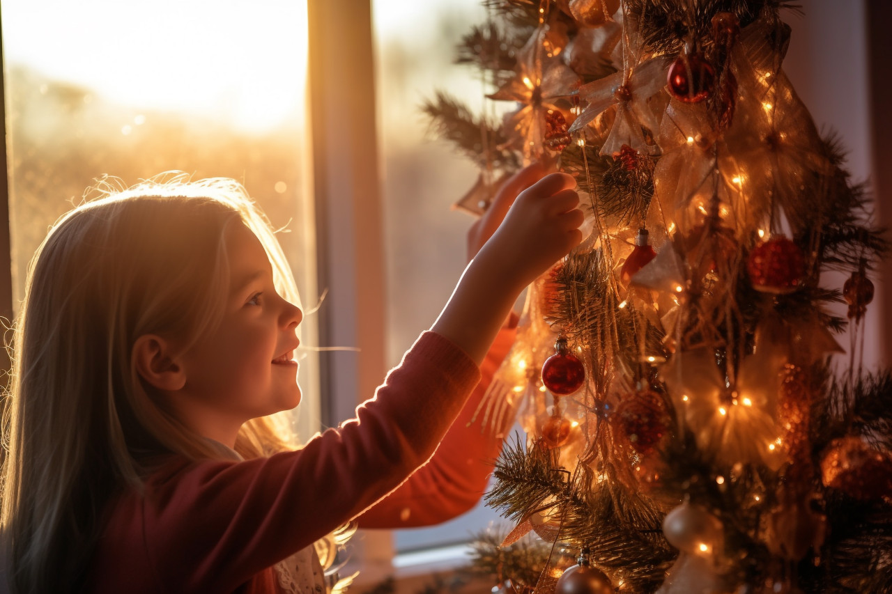 Picture of a mother and daughter putting up a christmas tree in front of a window with a sunset and sunlight shining in