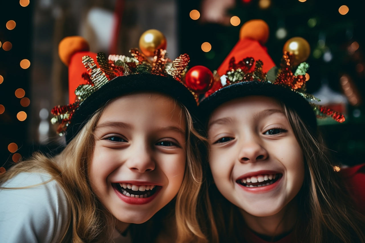 A close up photo of two pretty girls wearing new years hats