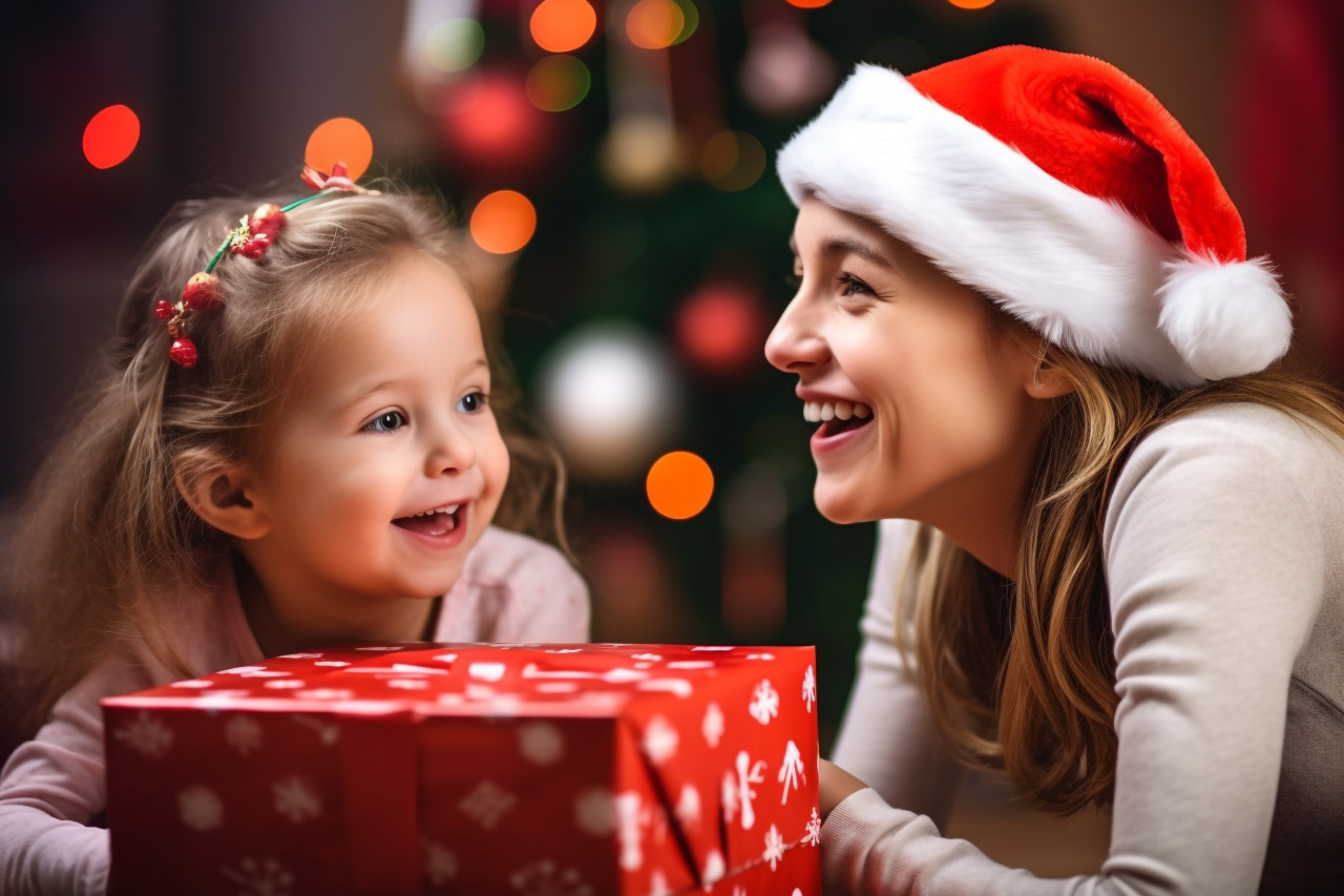 A photo of a happy mother and little girl wearing santa hats and holding a gift box in a living room with a christmas tree in the background